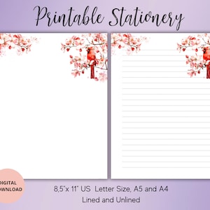 Set di cancelleria con fiori e cardinale rosso - Carta da lettere con fiori, non foderata, a righe, formato A4/A5/US - Cancelleria floreale per lettere/note - Penpal