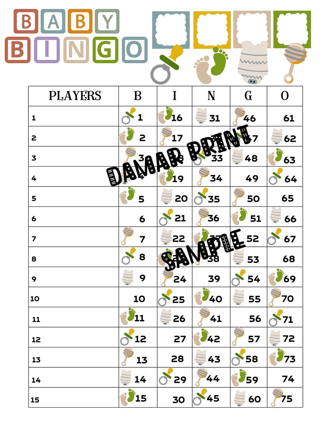Bingo Boards Printablebingo Boards 115 Lines baby Bingoneutral Baby