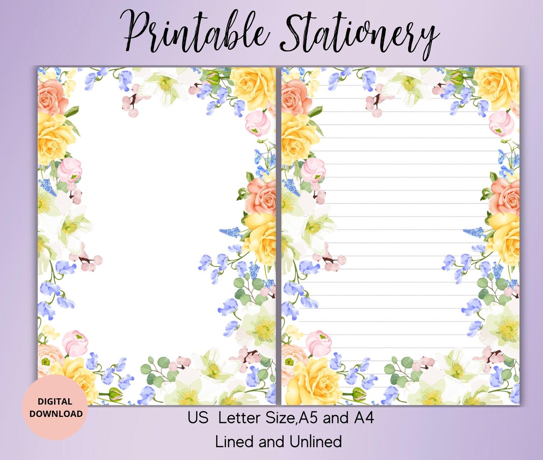 Watercolor Flowers Writing Paper Set Unlined Lined A5/A4/US Letter ...