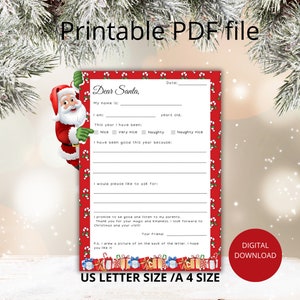 Brief an den Weihnachtsmann-Printable Kids Brief an Santa-Weihnachten Printable-Weihnachtswunschliste druckbar-Printable Lieber Weihnachtsmann US letter/A4