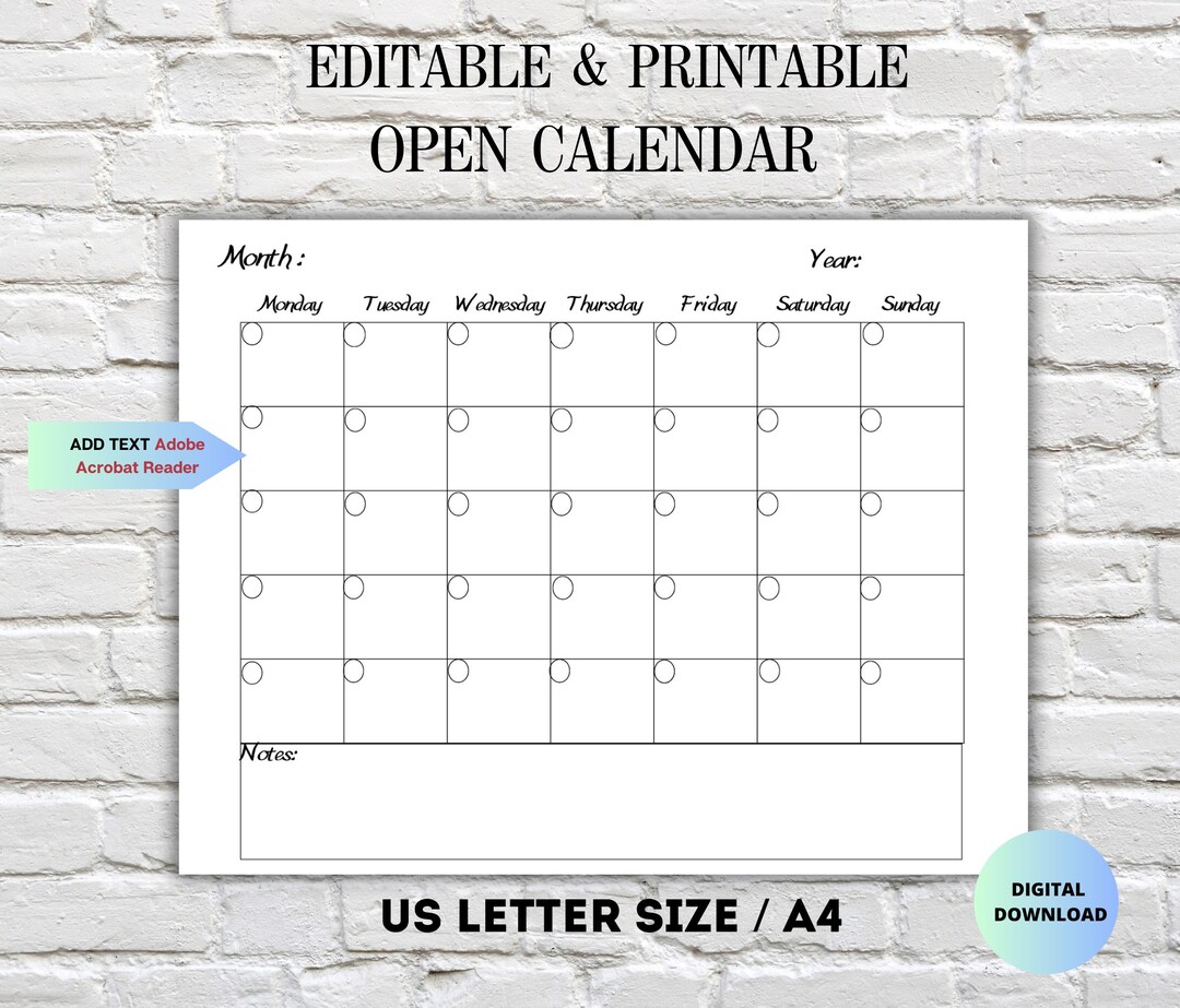 Blank Calendar- Editable Printable Calendar-calendar Template-blank