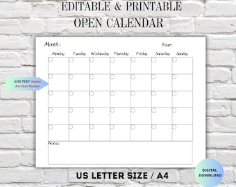 Blank Calendar- Editable Printable Calendar-Calendar Template-Blank Month Calendar-Open Calendar -Instant Download- Sunday/ Monday start