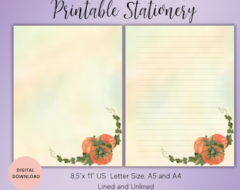 Pumpkin Printable Stationery-Fall Pumpkins  Writing Paper Set Lined Unlined A4,A5,US Letter-Autumn Stationery Bundle Digital download