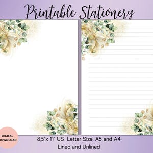 Papelería imprimible con diseño de eucalipto y plumas: juego de papel para escribir con flores, con renglones, sin renglones, tamaño A4/carta de EE. UU., papelería para bodas, carta botánica