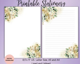 Papelería imprimible con diseño de eucalipto y plumas: juego de papel para escribir con flores, con renglones, sin renglones, tamaño A4/carta de EE. UU., papelería para bodas, carta botánica