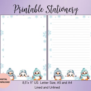 Lindos animales de Navidad Papelería imprimible-Penguin Stationary-Winter set de papel de escritura sin forro A4/A5/US carta-Bloc de notas de copo de nieve
