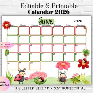 Editable June 2026 Calendar-Ladybug Printable Monthly Planner-Family Calendar Family Planning-Home Management-Summer Planner