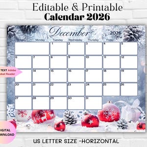 Calendario dicembre 2026: Planner mensile natalizio modificabile (PDF stampabile)