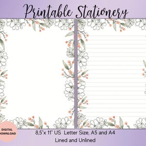 Papelaria para impressão de flores - Papel de carta com flores pautado sem pauta A4/A5/EUA - Papelaria floral para cartas/notas - Papel de carta com flores
