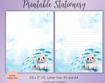 Fur Seal Printable Stationary -Ocean Life Letter Writing Paper Set-US Letter-A4-A5 Lined Unlined - Sea Animal Notepaper-Planner Insert