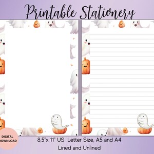 Lindos fantasmas y calabazas, lindo papel de notas, papelería imprimible de otoño, papel de escritura imprimible con rayas, sin rayas A4, A5, tamaño carta de EE. UU., descarga digital
