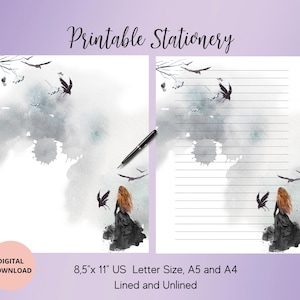 Gothic Girl Raven Schrijven Set-Crow Afdrukbaar Briefpapier-Vogel Schrijven Papier Letter Set A4/A5/US Letter Instant Download Ongevoerd Gevoerd afbeelding 1