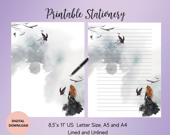 Gothic Girl Raven Schrijven Set-Crow Afdrukbaar Briefpapier-Vogel Schrijven Papier Letter Set A4/A5/US Letter Instant Download Ongevoerd Gevoerd