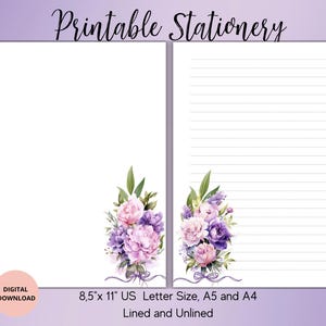 Papeterie imprimable fleurs mauves-papier à lettres d'été sans doublure A4/A5/US Letter-mignon papier à lettres d'été-papier à lettres floral