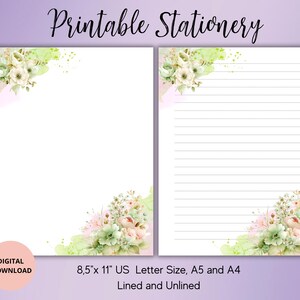Papier à lettres fleurs aquarelle sans ligné A4/A5/US, lettre imprimable, papeterie florale pour lettres et billets-stylo