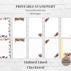 Blumen druckbare Briefpapier-Set gefüttert unliniert A4, A5, US Letter, JPG-Niedliches Briefpapier für Briefe Notizen-Blumen Notizblock