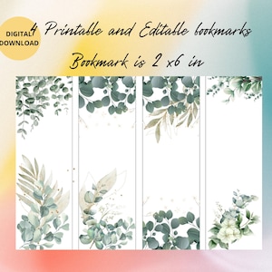 May include: Set of four printable and editable bookmarks featuring watercolor illustrations of green leaves and gold accents. Each bookmark is 2 x 6 inches.