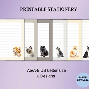 Cat Lover Printable Stationery Set A4/A5/US Letter Lined  Digital Letter Writing Paper Set- 6 designs-Cute Notepad