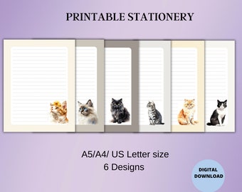 Cat Lover Printable Stationery Set A4/A5/US Letter Lined  Digital Letter Writing Paper Set- 6 designs-Cute Notepad