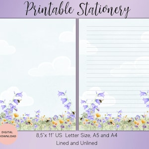 Papelaria para impressão de flores de verão - Papel de carta com pautas e sem pautas A5/A4/EUA - Papel de carta digital com flores - Carta botânica