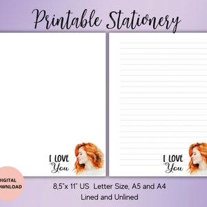 Papelería imprimible "Girl Love You": juego de papel para escribir de chica pelirroja sin líneas, tamaño A5/A4/carta de EE. UU.: linda papelería para cartas, notas