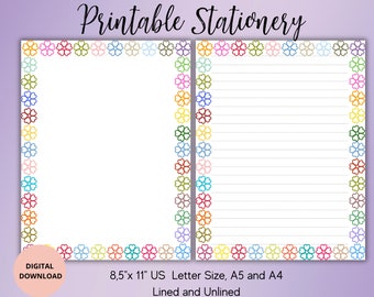 Colorful Flower Printable Stationery-FlowerStationary-Writing Paper Lined Unlined A4/A5/US Letter Colorful Penpal Supplies- Digital Letter
