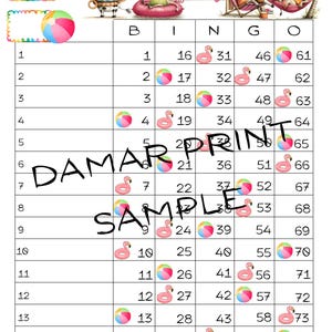 K&ouml;nnte beinhalten: Eine Bingo-Spielkarte zum Thema Poolparty mit Zeichentricktieren, rosa Flamingo-Poolschwimmern und bunten Strandb&auml;llen. Das Raster enth&auml;lt die Zahlen 1 bis 75, wobei der Text DAMAR PRINT SAMPLE &uuml;ber die Mitte der Seite gelegt ist.