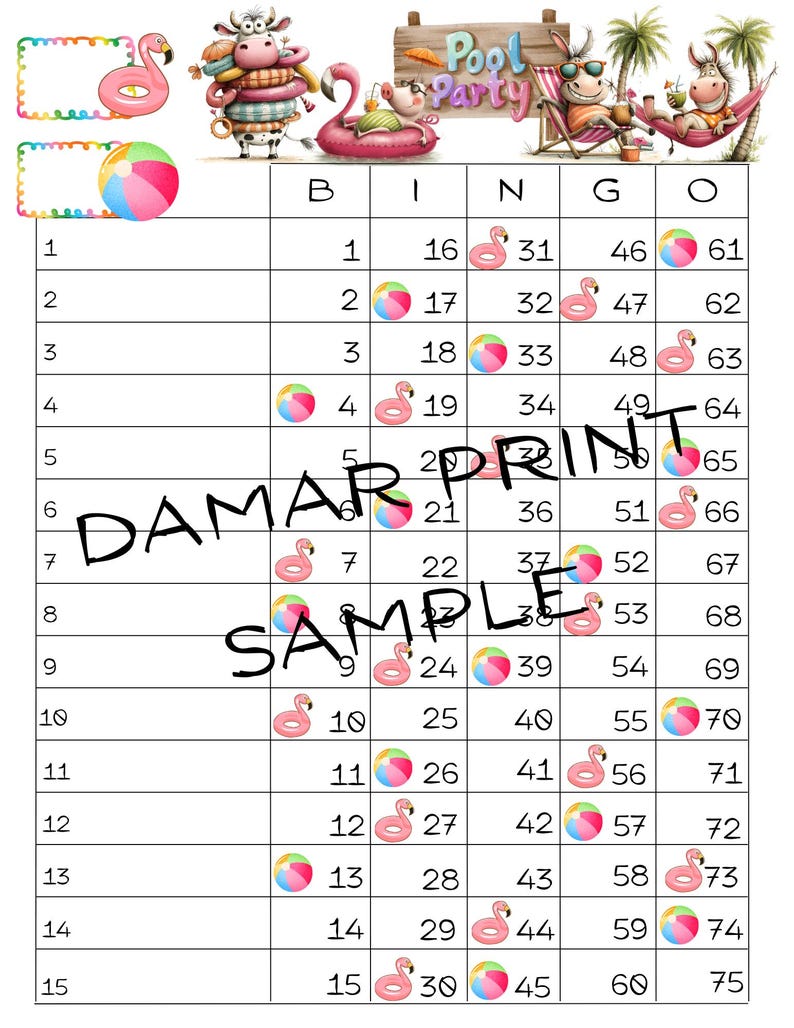 K&ouml;nnte beinhalten: Eine Bingo-Spielkarte zum Thema Poolparty mit Zeichentricktieren, rosa Flamingo-Poolschwimmern und bunten Strandb&auml;llen. Das Raster enth&auml;lt die Zahlen 1 bis 75, wobei der Text DAMAR PRINT SAMPLE &uuml;ber die Mitte der Seite gelegt ist.