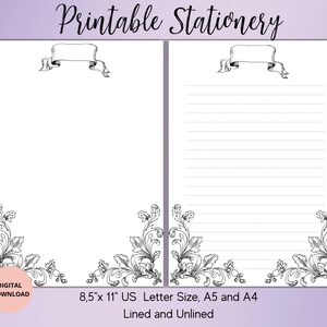Könnte beinhalten: Druckbares Briefpapier-Set mit linierten und unlinierten Seiten. Jede Seite hat ein Banner und dekorative Eckdesigns. Enthält die Größen US Letter, A5 und A4. Der Text lautet "Printable Stationery".