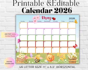 May 2026 Editable Printable Calendar- Cute Monthly Planner for Family, School, Office & Home Organizer-Printable PDF-Spring Family Calendar