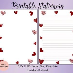 Papelería imprimible con corazones: papel de carta imprimible para el día de San Valentín, con rayas y sin rayas, tamaño A4, A5 o carta de EE. UU., papelería de amor, carta de amor