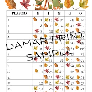 Könnte beinhalten: Eine druckbare Bingokarte mit dem Wort "hello autumn" oben. Die Karte hat 5 Spalten mit den Bezeichnungen "B", "I", "N", "G" und "O". Jede Spalte hat 15 Zahlen von 1 bis 75. Die Karte ist mit Herbstblättern und einem Comic-Fuchs und -Bären verziert.