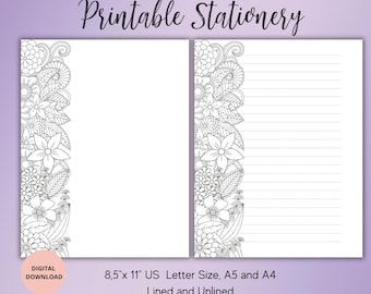 Coloring Flower Printable Stationery,Flower Stationary,Digital Download,Printable Writing Paper Set Lined,Unlined A4,A5 and 8.5x11 US Letter