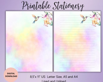 Floral Hummingbird Stationary-Bird Printable Stationery-Flower Writing paper Set A4/A5/US Letter Lined Unlined-Watercolor Notepad