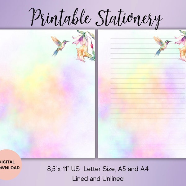Floral Hummingbird Stationary-Bird Printable Stationery-Flower Writing paper Set A4/A5/US Letter Lined Unlined-Watercolor Notepad