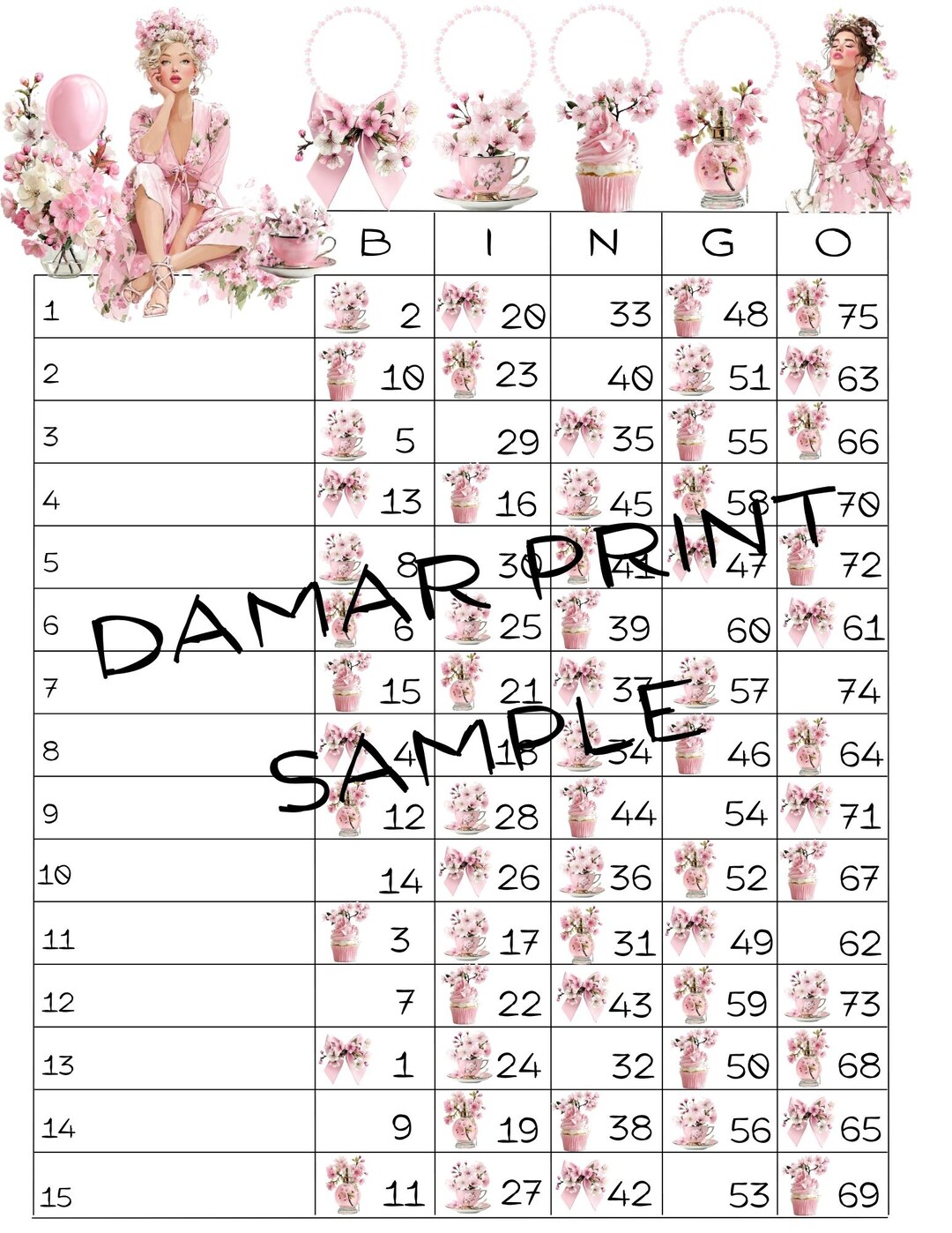 Pink Bingo Layout Pink Spring Printable Bingo Boards-instant Download- Digital Bingo ...
