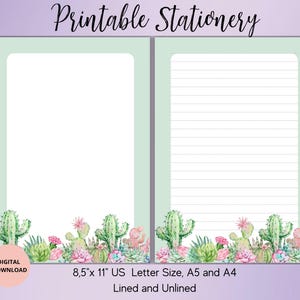 Papelería imprimible de cactus: papel de escritura con flores, sin rayas, tamaño A4/A5/carta de EE. UU., papelería de cactus para cartas y notas, papel de notas de cactus.