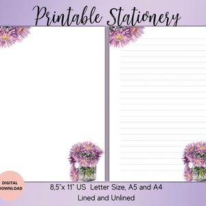 Papeterie imprimable chrysanthèmes-papier à lettres fleurs violettes ligné non ligné A4/A5/US Letter-papier à lettres fleurs