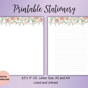 Papeterie aquarelle fleurs, Papeterie imprimable, Ensemble de papiers à lettres floraux avec lignes, Sans doublure A4, A5, Lettre US, Lettre aquarelle, Bloc-notes, Feuille mémo