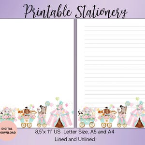 Puede incluir: Papelería imprimible con un tema de circo caprichoso con animales lindos que viajan en vagones. El diseño incluye colores rosa, azul y blanco con un toque de dorado. La papelería está disponible en tamaños de 8,5 x 11 pulgadas, A5 y A4, y viene en opciones de líneas y sin líneas.