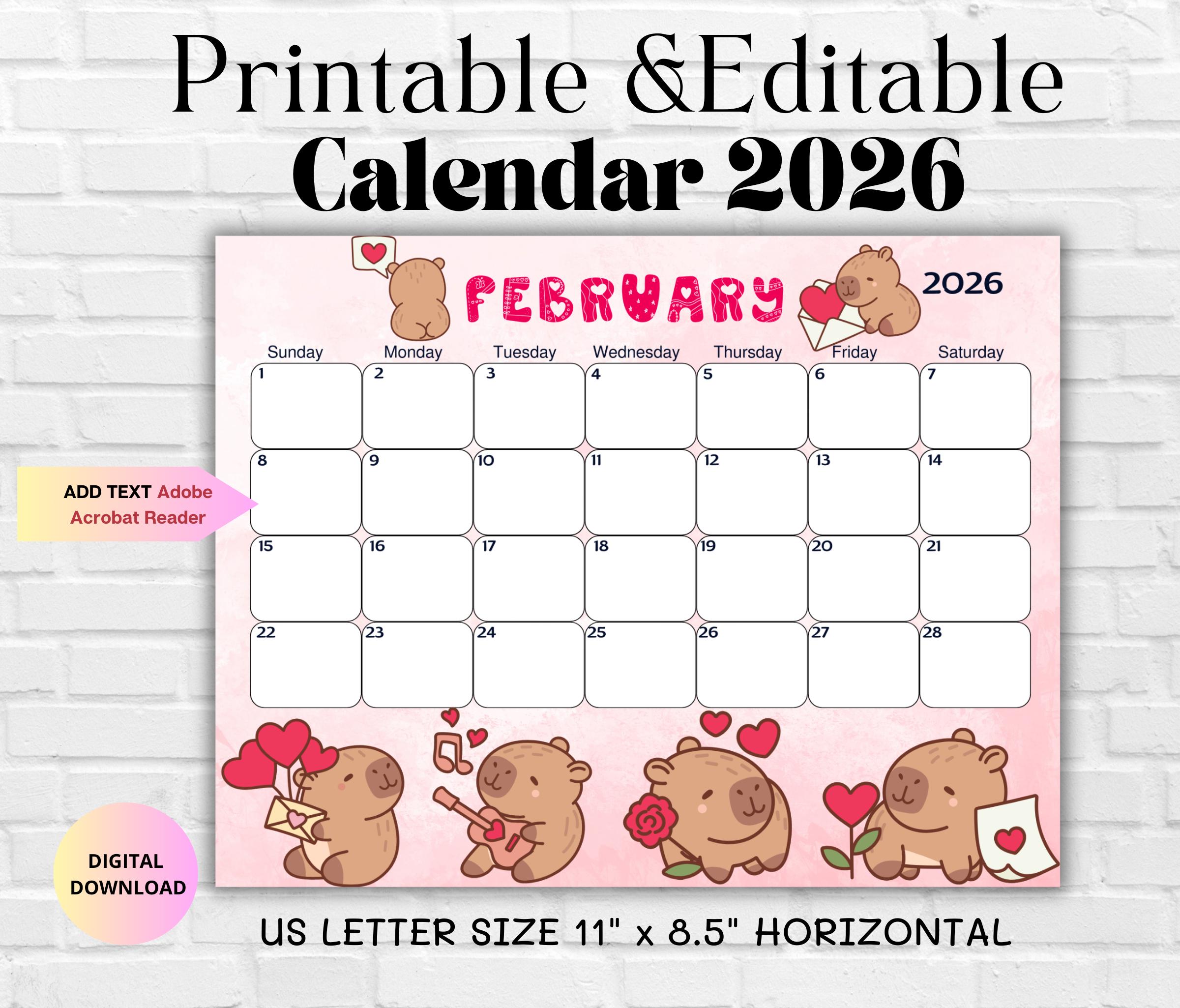 February 2026 EDITABLE Printable Calendar-capybara Monthly Planner