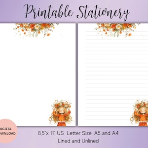Girl With Flower Printable Stationery-Cure Girl Writing Paper Set Unlined Lined A5/A4/US Letter-Cute Summer Stationery for Letters Notes