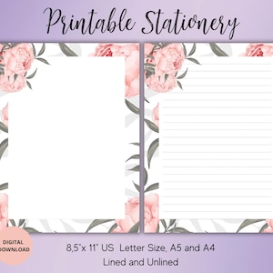Ensemble de papier à lettres imprimé floral pivoine, fleurs et papeterie, ligné non doublé, lettre A4/A5/US, téléchargement immédiat - fournitures pour correspondance