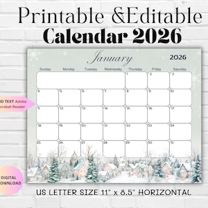 Bearbeitbarer Januar 2026 Kalender-Januar Druckbarer Planer-Digitaler Monatsplaner-Familienkalender-Heimmanagement-Winterdorf