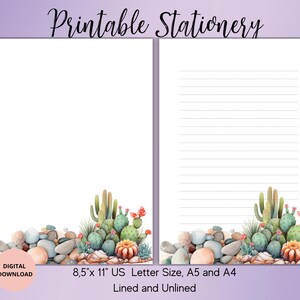 Papelería de cactus, juego de papel de escritura imprimible de cactus, papelería personalizada digital, papel de escritura A4, A5, carta de EE. UU., descarga digital, con rayas y sin rayas