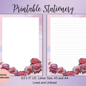 ポピーフラワーの印刷可能な文房具 - デジタルダウンロード 冬の花 - 花柄のレターライティングセット A5/A4/USレター 罫線あり 罫線なし メモ帳 - メモシート