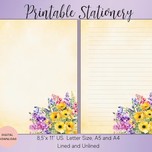 Papeterie imprimable fleurs printanières-papier à lettres floral sans ligné A5/A4/USLetter-mignonne papeterie pour lettres notes-bloc-notes fleurs sauvages