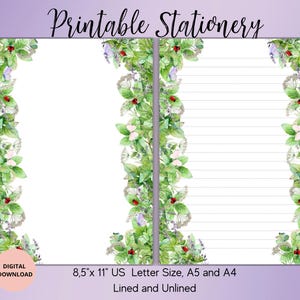 Conjunto de papelaria para impressão Summer Herbs - Papel de carta botânico A5/A4/EUA com pauta e sem pauta - Folhas de hortelã com borboletas e joaninhas