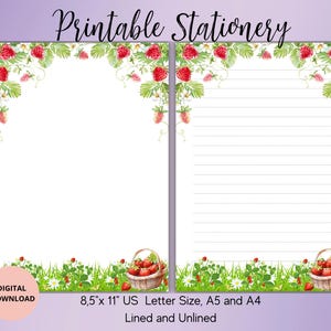 Papeterie imprimable fraise - Correspondant fleurs - Ensemble de papiers à lettres été, ligné Sans doublure A4/A5/US Letter Téléchargement immédiat