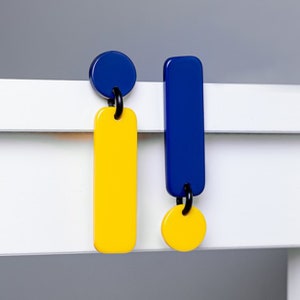 Blue and yellow earrings Big earrings Geometric earrings Statement earrings